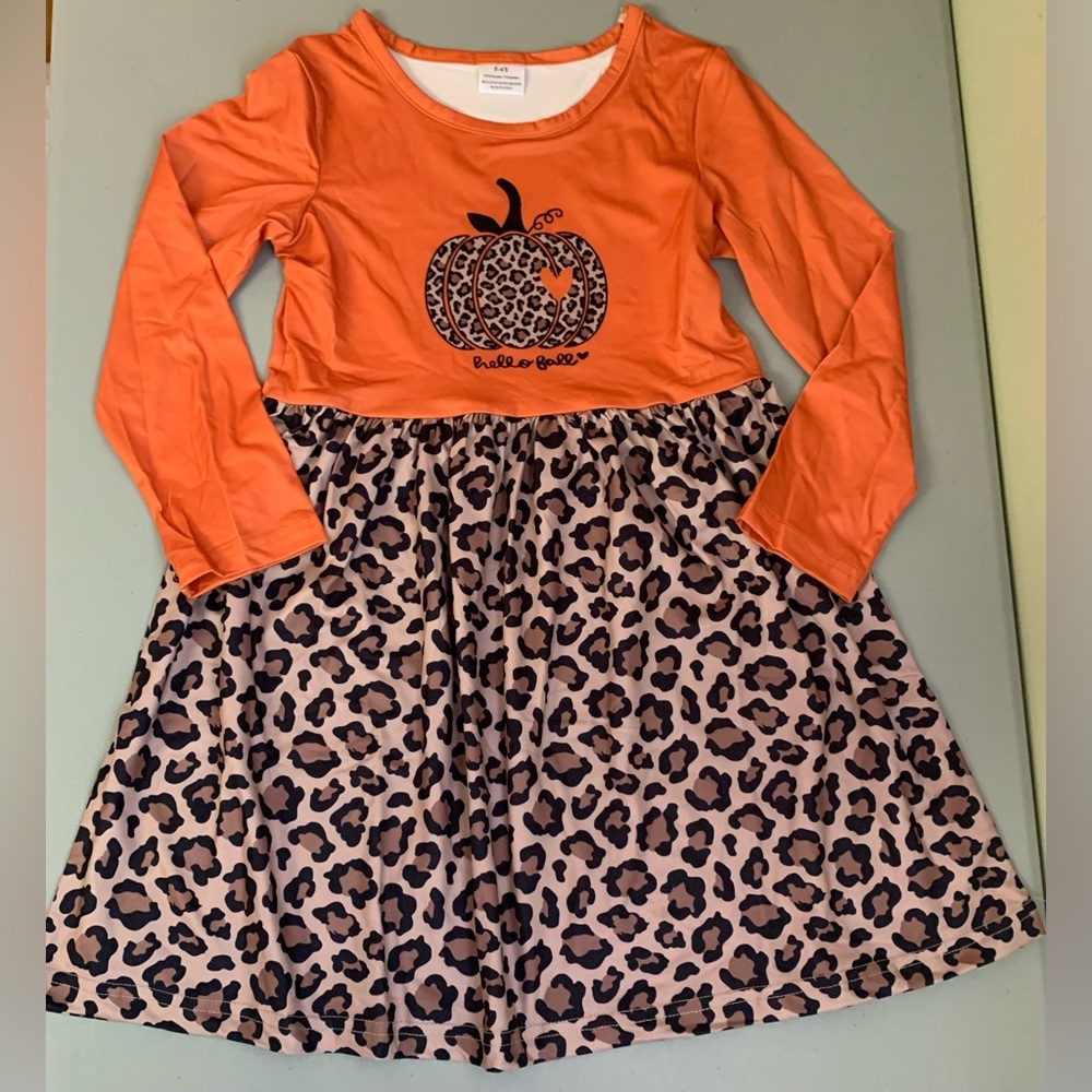 Charming Pumpkin Kids Dress with Leopard Skirt